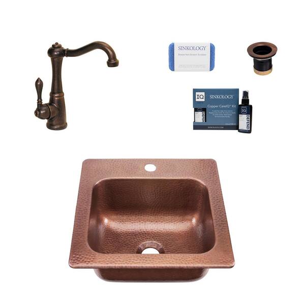 SINKOLOGY Seurat 18 Gauge Copper 15 in. 1-Hole Drop-in Bar Sink with Pfister Bronze Faucet and Drain