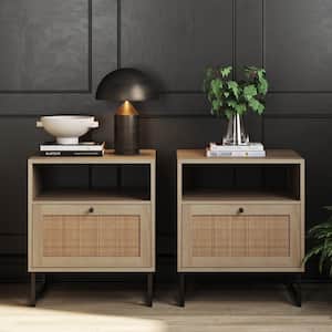 Mina Oak-Finish Particleboard Wood Black Modern Accent Storage Living Room Side End Table Bedroom Nightstand, Set of 2