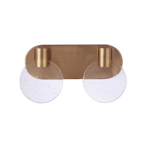 13.50 in. Glisten 2-Light Satin Brass Finish Integrated LED Vanity Bar with Clear Seeded Glass