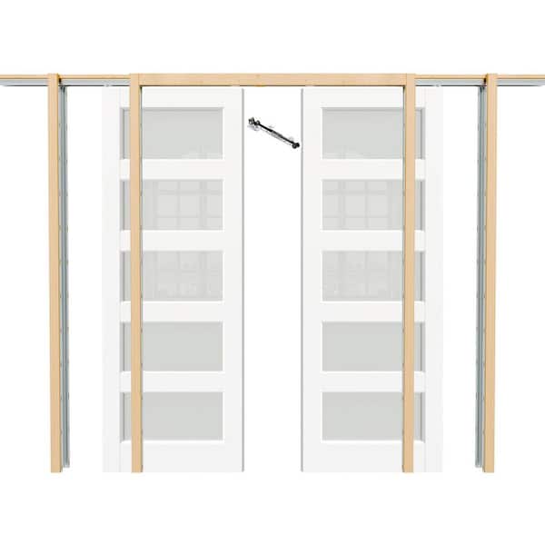 48 in. x 80 in. White Primed Composite and 5-Lite Frosted Glass Double Pocket Door with Soft Close and Full Hardware