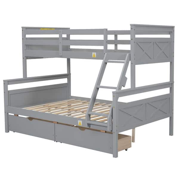 Nestfair Gray Wood Twin over Full Bunk Bed with Ladder,Two Storage ...