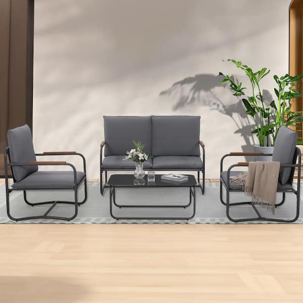 Unbranded 4-Piece Outdoor Patio Conversation Set with Removable Seating Cushion for Home, Yard, Poolside (Dark Grey)