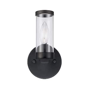 1-Light Black Bathroom Wall Sconce Light Fixture with Clear Glass Shade and Metal Accents