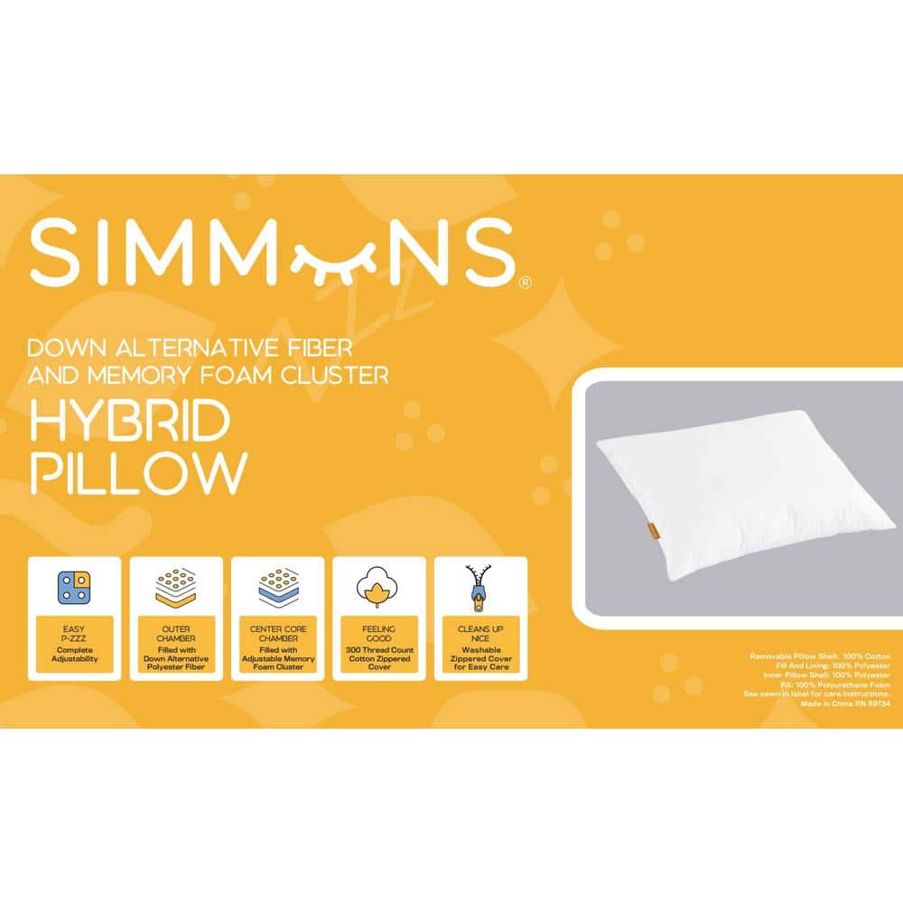 White Memory Foam Hybrid Soft Bed Pillow with Zipper Closure
