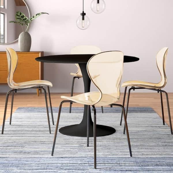 Leisuremod Bristol 5-Piece Dining Set Round Black MDF Dining table and 4-Stackable Accent Dining Chairs in Amber