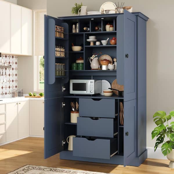70.9 in. Blue Freestanding Kitchen Pantry Cabinet with 4 Doors, 3 Drawers, 6 Door Shelves and 6 Wine Racks