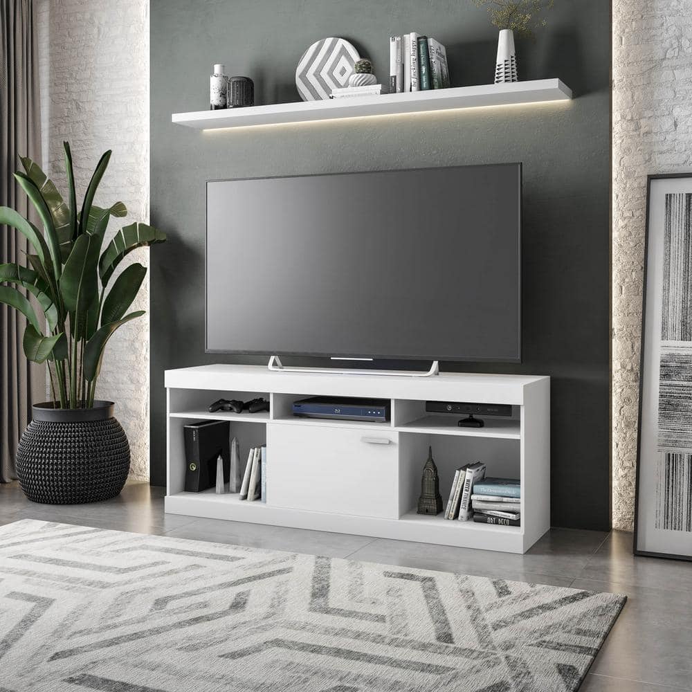 Modern White Compressed Wood 68'' Media Console with Cabinet