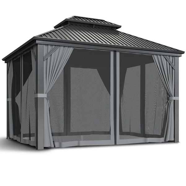 AirWire 10 ft. x 12 ft. Hardtop Gazebo with Aluminum Frame, Galvanized Steel 2-Tier Roof,Outdoor Gazebo with Netting and Curtain