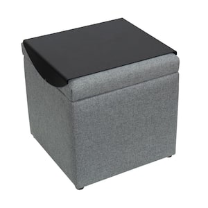 Heathered Gray Square Storage Ottoman with Removable Black Metal Laptop Tray