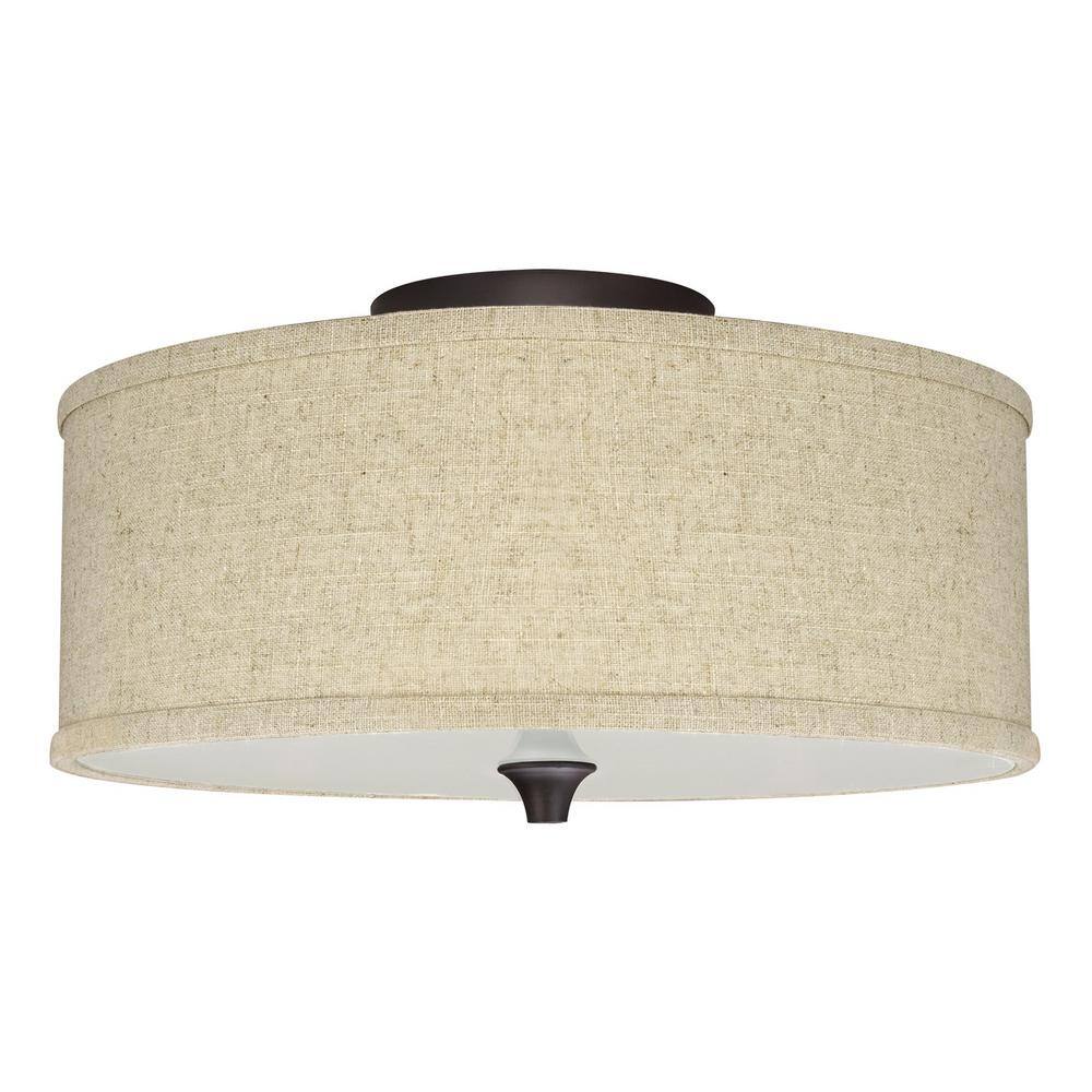 Kira Home Newport 14  Modern 2-Light Semi-Flush Mount Ceiling Light + Beige Linen Drum Shade  Oil-Rubbed Bronze Finish