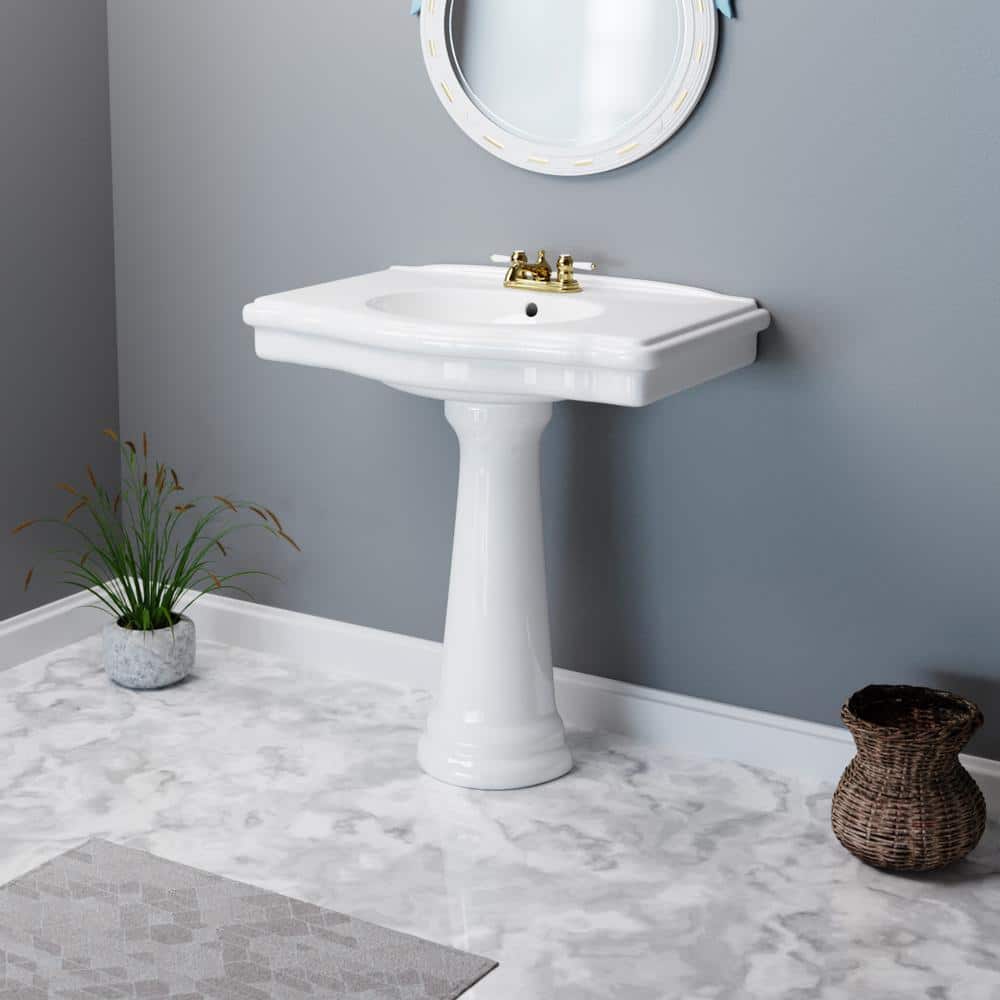 White Ceramic Traditional Pedestal Bathroom Console Sink