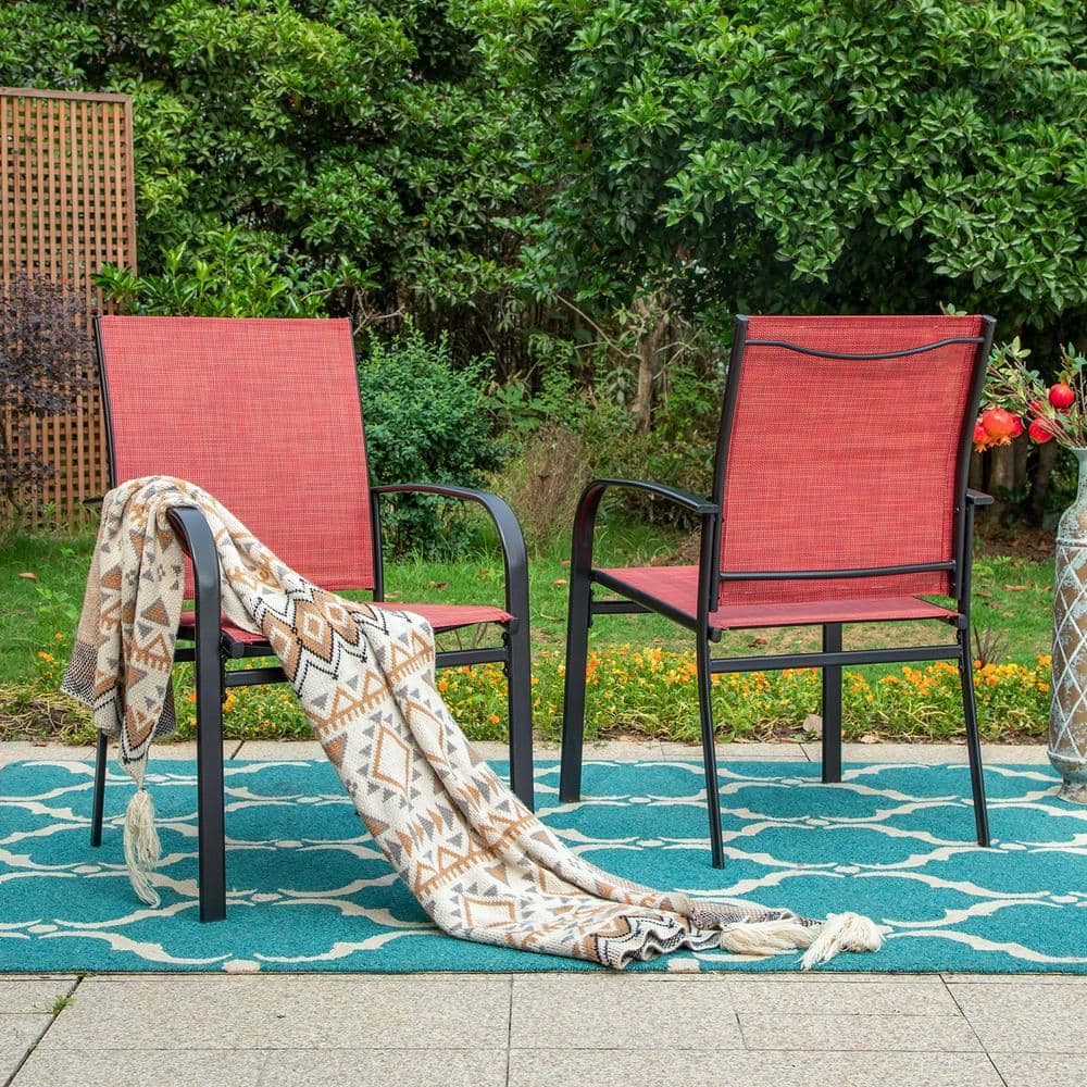 Red and Black Steel Patio Dining Armchairs with Cushions