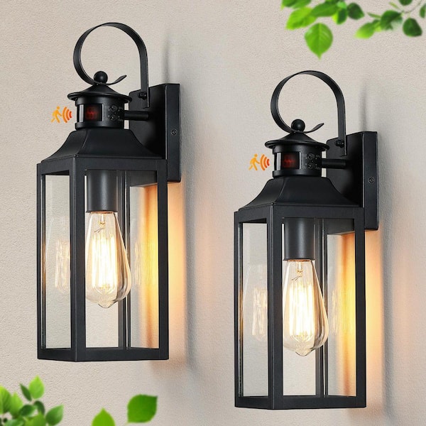 1-Light Black Motion Sensing Dusk to Dawn Outdoor Hardwired Wall Lantern Sconce with No Bulbs Included (2-Pack)