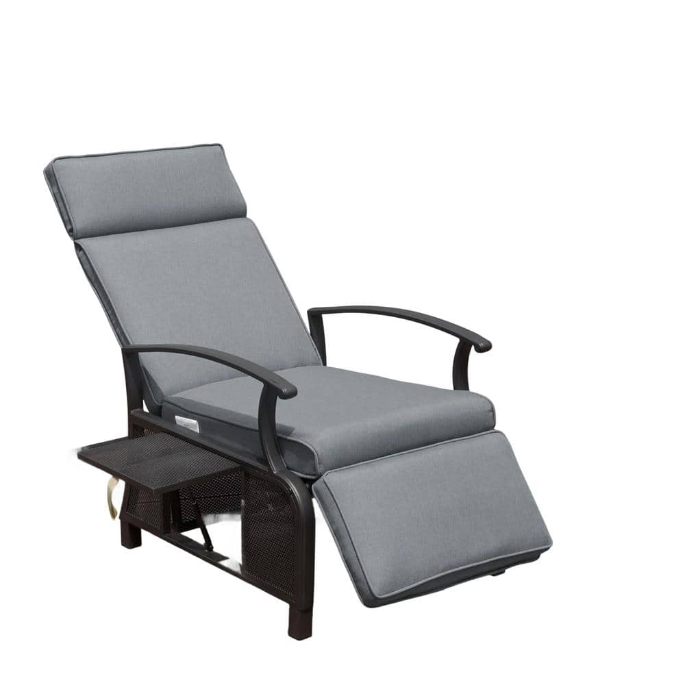 Gray 1-Piece Metal Outdoor Recliner without Sunshade with Gray Cushion