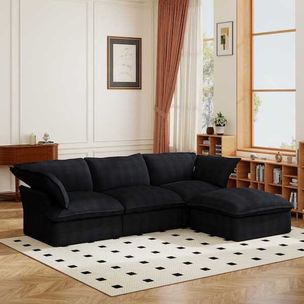 L-shaped 123 in. Flared Arm 4-piece Down Filled Linen Modular Cloud Sectional Sofa with Washable Cover, Ottoman in Black