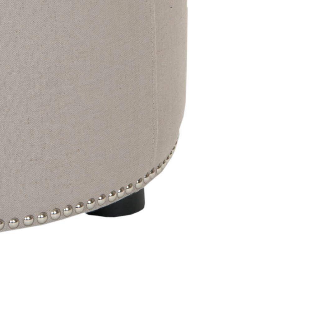 Transitional Round Beige Linen Ottoman with Nailhead Trim