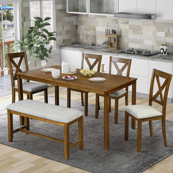 Clihome 6 Piece Brown Dining Table Set With Wooden Rectangular Dining Table 4 Dining Chair And Bench For 6 People To 013 Br The Home Depot