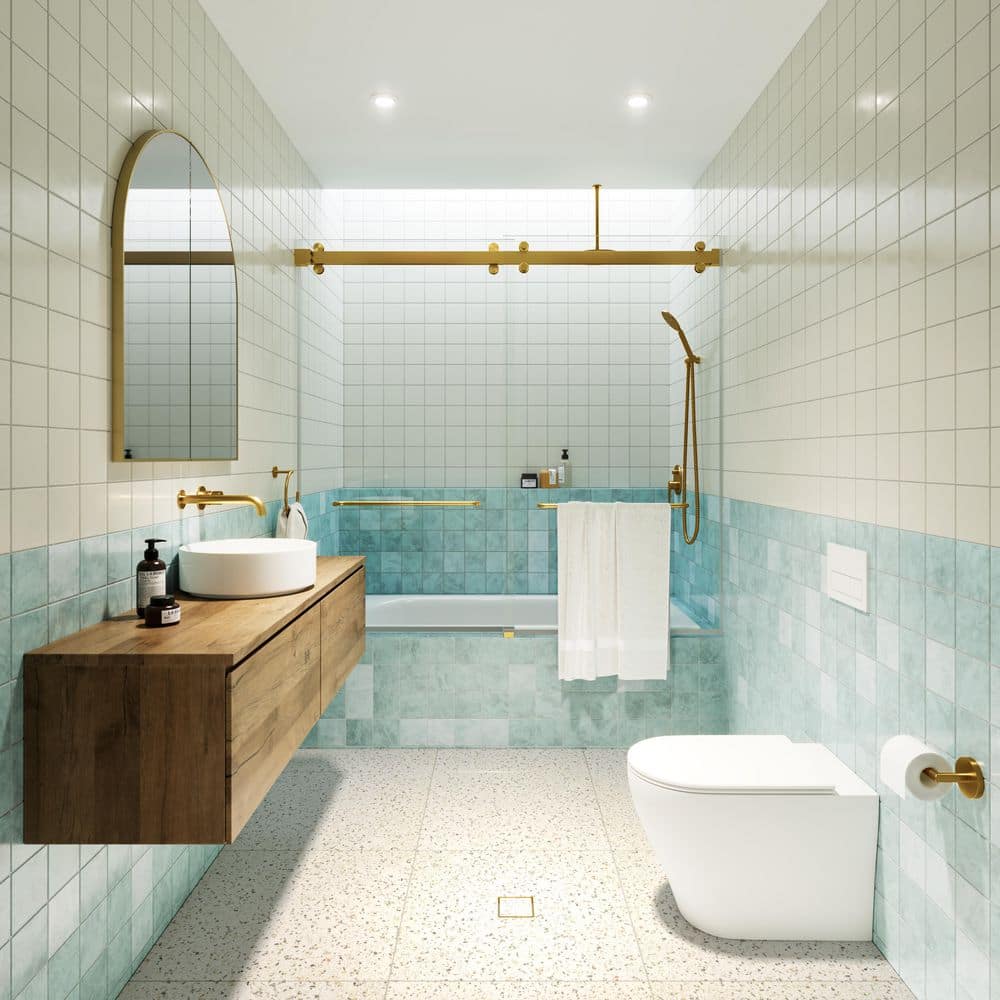 Polaris Frameless Satin Brass Sliding Bathtub Door 60 x 66 in.