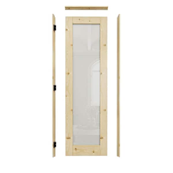 24 in. x 80 in. Right-Handed 1-Lite Frosted Glass Solid Core Unfinished Pine Wood Door Kit with Quick Assemble Jamb