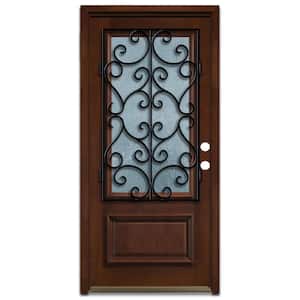 36 in. x 80 in. Decorative Iron Grille 3/4-Lite Stained Mahogany Wood Prehung Front Door