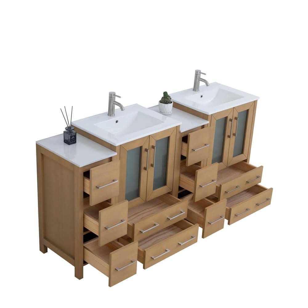 Natural Oak Double Sink Freestanding Bathroom Vanity Set with Ceramic Top and Mirror