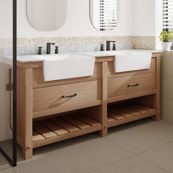 MEDUNJESS VLeaf 72 in. W x 20 in. D x 34.5 in. H Double Sinks Bath Vanity Cabinet in Driftwood with Carrara Marble Top