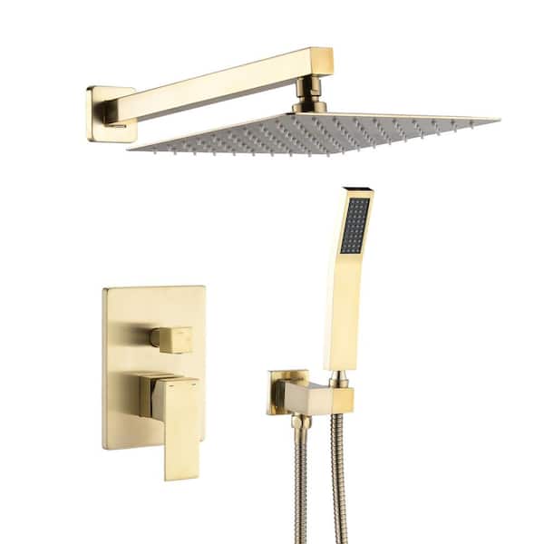Satico 1-Spray Patterns with 2.5 GPM 12 in. Wall Mount Fixed Shower Head with Deluxe Rain Mixed Shower Set in Brushed Gold