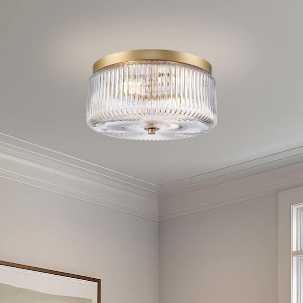 Bel Air Lighting Quartz Quarters 11.75 in. 2-Light Gold Flush Mount Ceiling Light with Clear Reeded Glass Shade