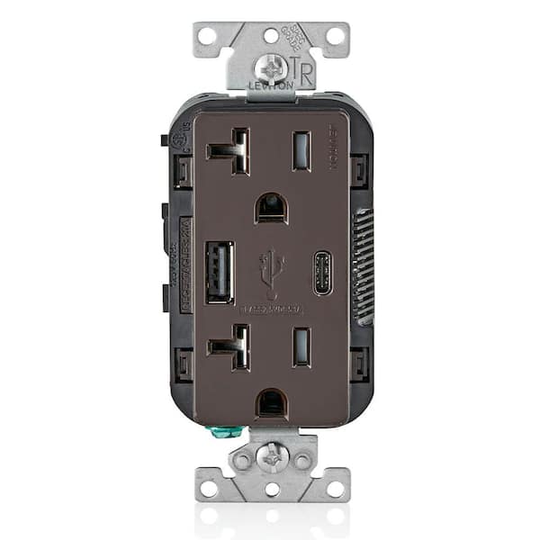 Leviton 20 Amp Type A and Type-C USB Charger/Tamper Resistant Receptacle, Brown