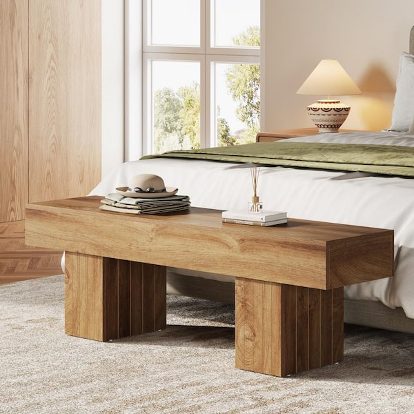 Light Brown 55 in. Entryway Bench, Farmhouse Wood Indoor Bench for Bedroom, Living Room, Dining Room