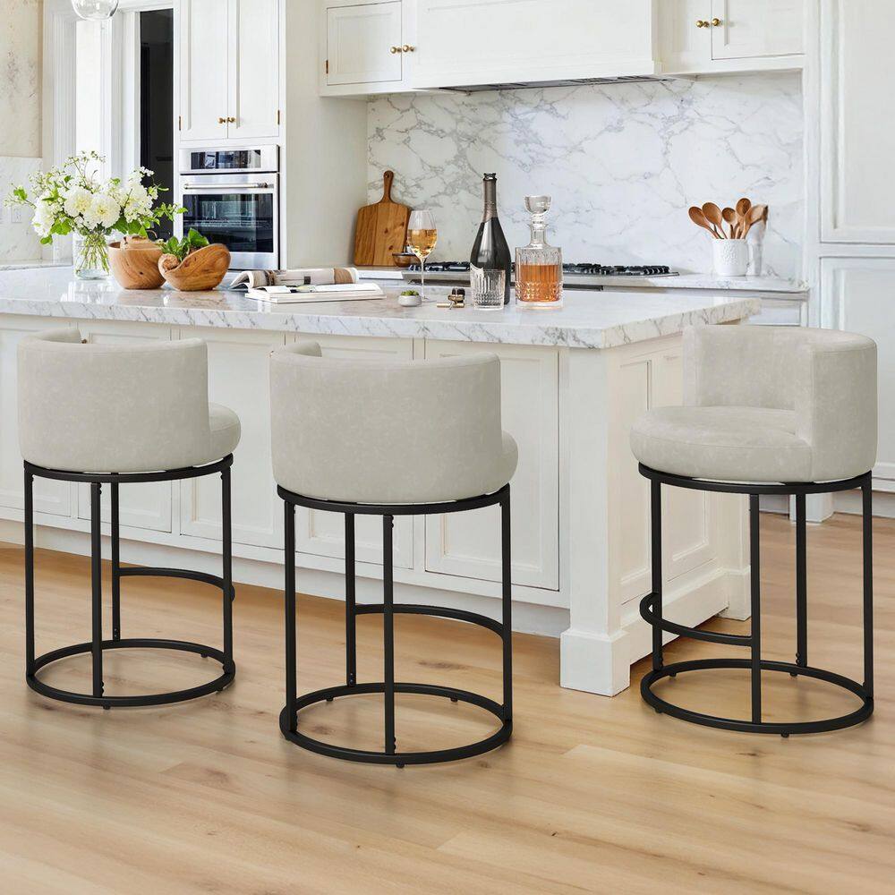 26 in. Light Gray Linen Swivel Bar Stool Upholstered Metal Frame Counter Height Kitchen Low Back Barstools (Set of 3)