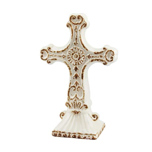 Stonebriar Collection 8 in. x 12 in. Worn White Ceramic Cross Pedestal