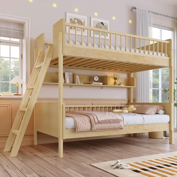 Corvell Modern Natural Finish Twin Over Twin Wood Frame Bunk Bed with Storage Shelves and Ladder