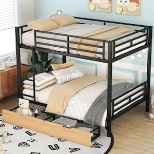 Detachable Black Full over Full Metal Bunk Bed with 2-Drawer, Built-in Ladder and Full-Length Guardrails for Upper Bed