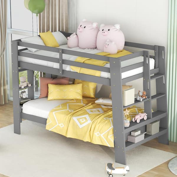 Harper & Bright Designs Gray Twin over Twin Wood Frame Bunk Bed with Built-in Ladder and 2 Side Shelves