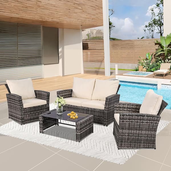 Tenleaf Gray 4-Piece PE Rattan and Metal Steel Outdoor Sofa Sectional Set with White Cushions and Coffee Table