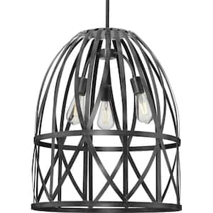 Chastain Collection 3-Light Textured Black Cerused Black Oak Basket Farmhouse Pendant Light