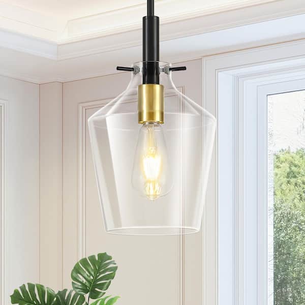 RayHome 60W 1-Light Modern Black and Gold Adjustable Height Pendant Light with 7.88 in Clear Glass for Kitchen Beadroom