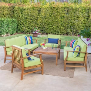Perla Teak Finish 9-Piece Wood Outdoor Sofa with Green Cushions