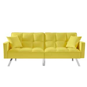 74.4 in. W Square Arm Velvet Modern Straight Sofa in Yellow