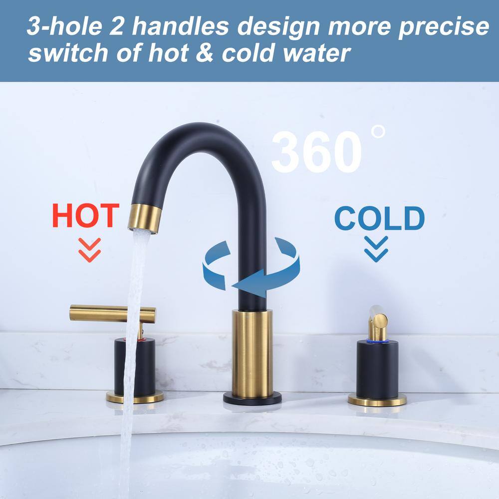 8-Inch Widespread Black and Gold Stainless Steel Bathroom Faucet