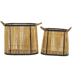 Wicker Handmade Slatted Frame Storage Basket with Handles (Set of 2)