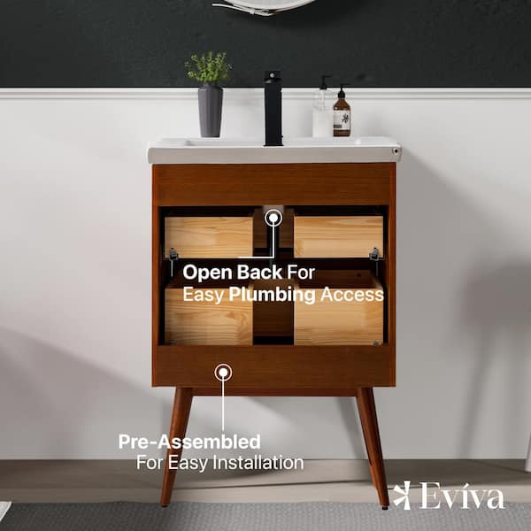 Eviva Caramel 24 in. W x 18 in. D x 34 in. H Single Sink Bath Vanity in Teak with White Porcelain Integrated Vanity Top