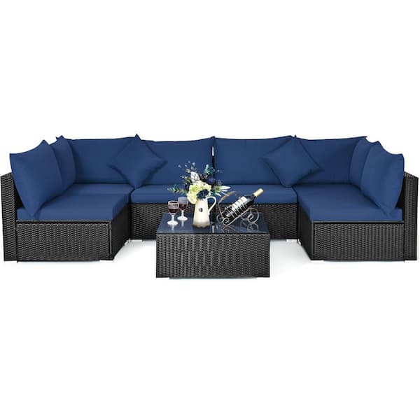 HONEY JOY 7-Piece Wicker Patio Conversation Set PE Rattan Sectional Sofa Furniture Set with Navy Cushions