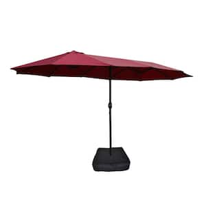 Renderella 15 ft. x 9 ft. Metal Framed Market Solar Tilt 2-Sided Patio Umbrella with Lights, Base & Fabric Red Canopy