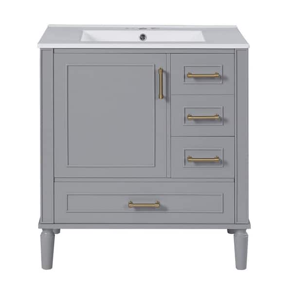 30 in. Single Sink Freestanding Gray Bath Vanity with White Ceramic Top and 3 Drawer Storage Cabinet Unassembled