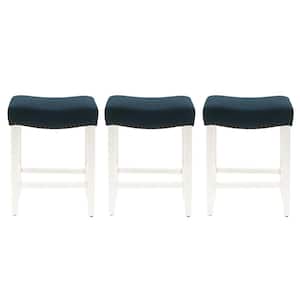 Jameson 24 in. Counter Height Antique White Wood Backless Nailhead Barstool with Navy Blue Linen Saddle Seat Set of 3