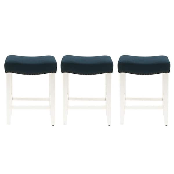 WESTINFURNITURE Jameson 24 in. Counter Height Antique White Wood Backless Nailhead Barstool with Navy Blue Linen Saddle Seat Set of 3