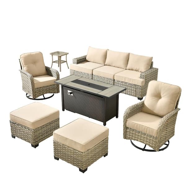 Kelleys 9-Piece Wicker Modern Outdoor Patio Fire Pit Conversation Sofa Set with Swivel Chairs and Beige Cushions