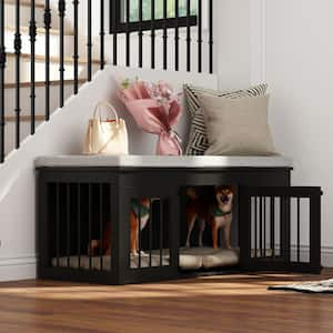 Black Bed End Bench Dog Crate, Dog Kennel Indoor Wooden Crate Entryway Bench Furniture for Living Room Bedroom Entryway